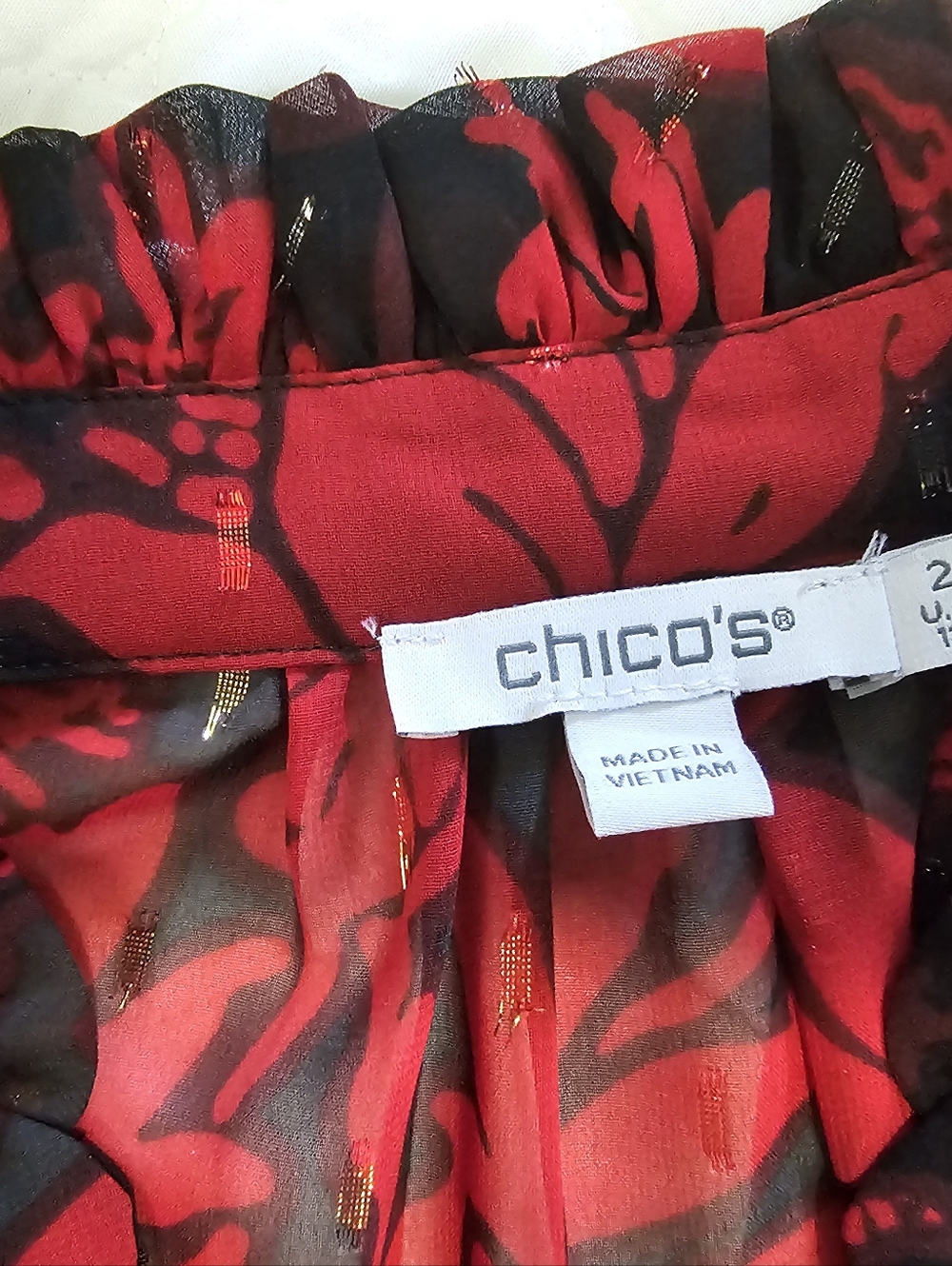 Chicos Sheer Red Black Floral Ruffled Blouse NWT 2 - Picture 6 of 16
